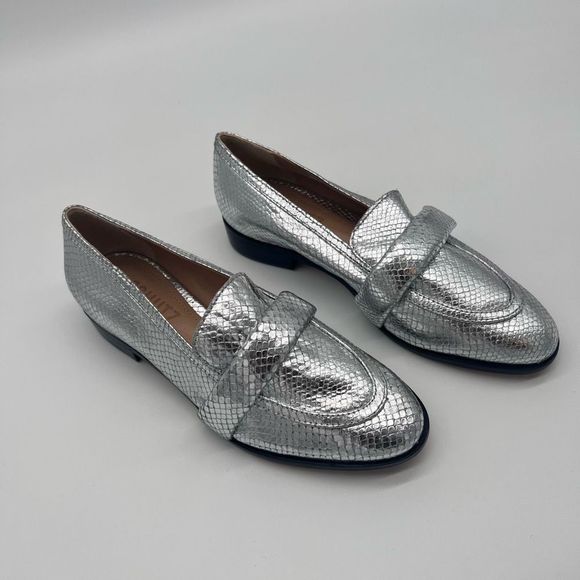Schutz Romina Snake Reptile Embossed Leather Loafers Silver - Picture 1 of 9